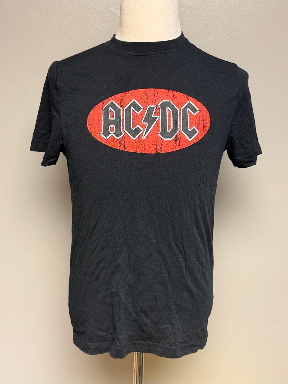 AC/DC Band T-Shirt Men's Small Black Distressed Logo Graphic Tee Primark Cotton